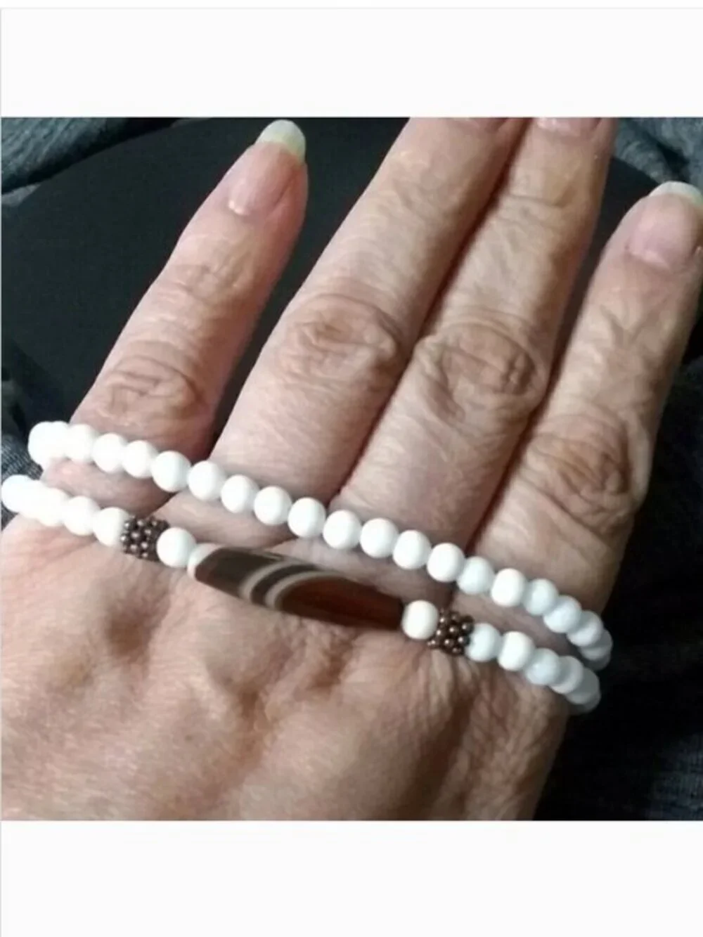 Dainty Slimline Wrap Bracelet – Brown Banded Agate & White Ceramic Beads (7